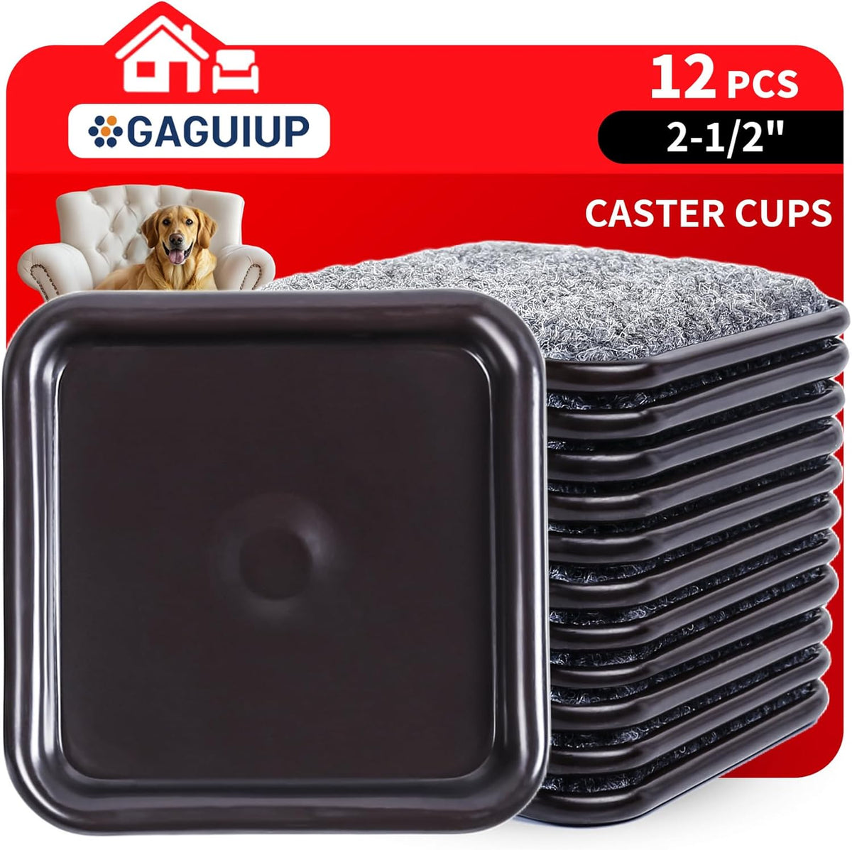 2 1/2" Square Carpet Bottom Furniture Caster Cups, Furniture Pads, 12 Pack