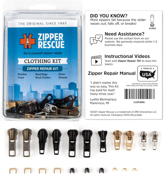 Zipper Rescue Clothing Zipper Repair Kit - the Original Zipper Pull Replacement Kit for Hoodies, Pants, Handbags - Included 11 Metal Sliders, 4 End Stops, 6 Top Stops - Made in America since 1993