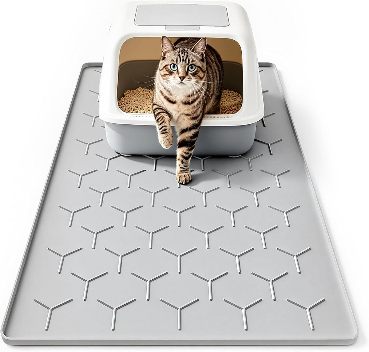 Bulkniu Silicone Cat Litter Mat, 24"X16", Raised Edge Waterproof, Grey