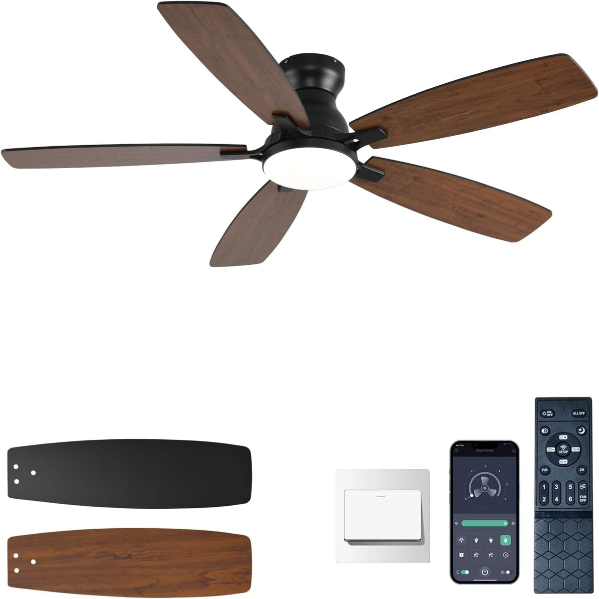 NKPU Ceiling Fans with Lights, Low Profile Ceiling Fan with Light and Remote/App Control, DC Motor, Noiseless, Flush Mount, 52Inch Brown Ceiling Fan for Bedroom Indoor/Outdoor Use