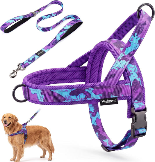 No Pull Dog Harness and Leash Set with Seatbelt Clip,Camo Purple,M