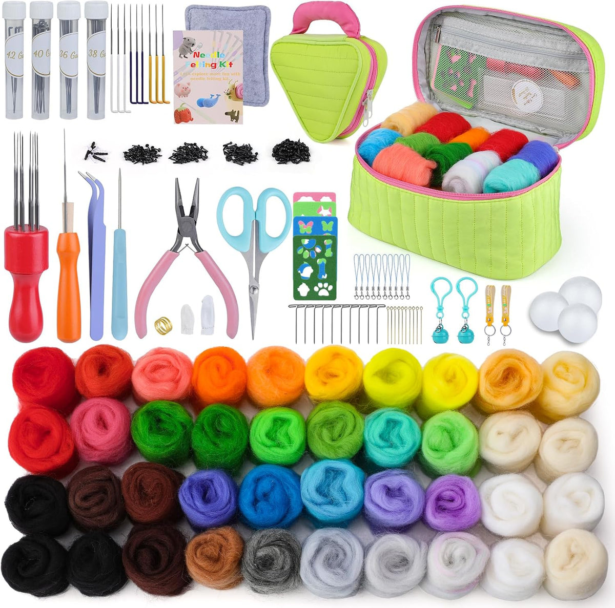 SOCNITC Needle Felting Kit, 40 Rolls Wool Roving 4 Sizes Felting Needles