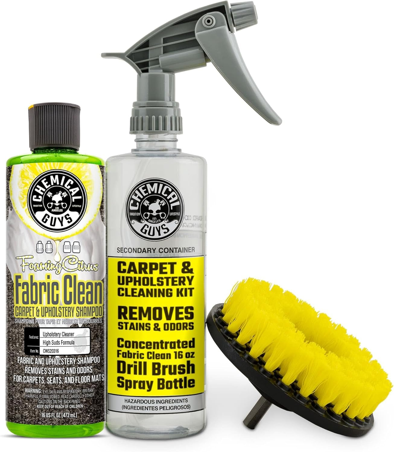 Chemical Guys Foaming Citrus Fabric Clean Drill Brush Kit - High Foaming Stain and Odor Remover, Upholstery, Floor Mat & Car Carpet Cleaner, Deep Cleans & Deodorizes, Citrus Scent - 16 Fl Oz