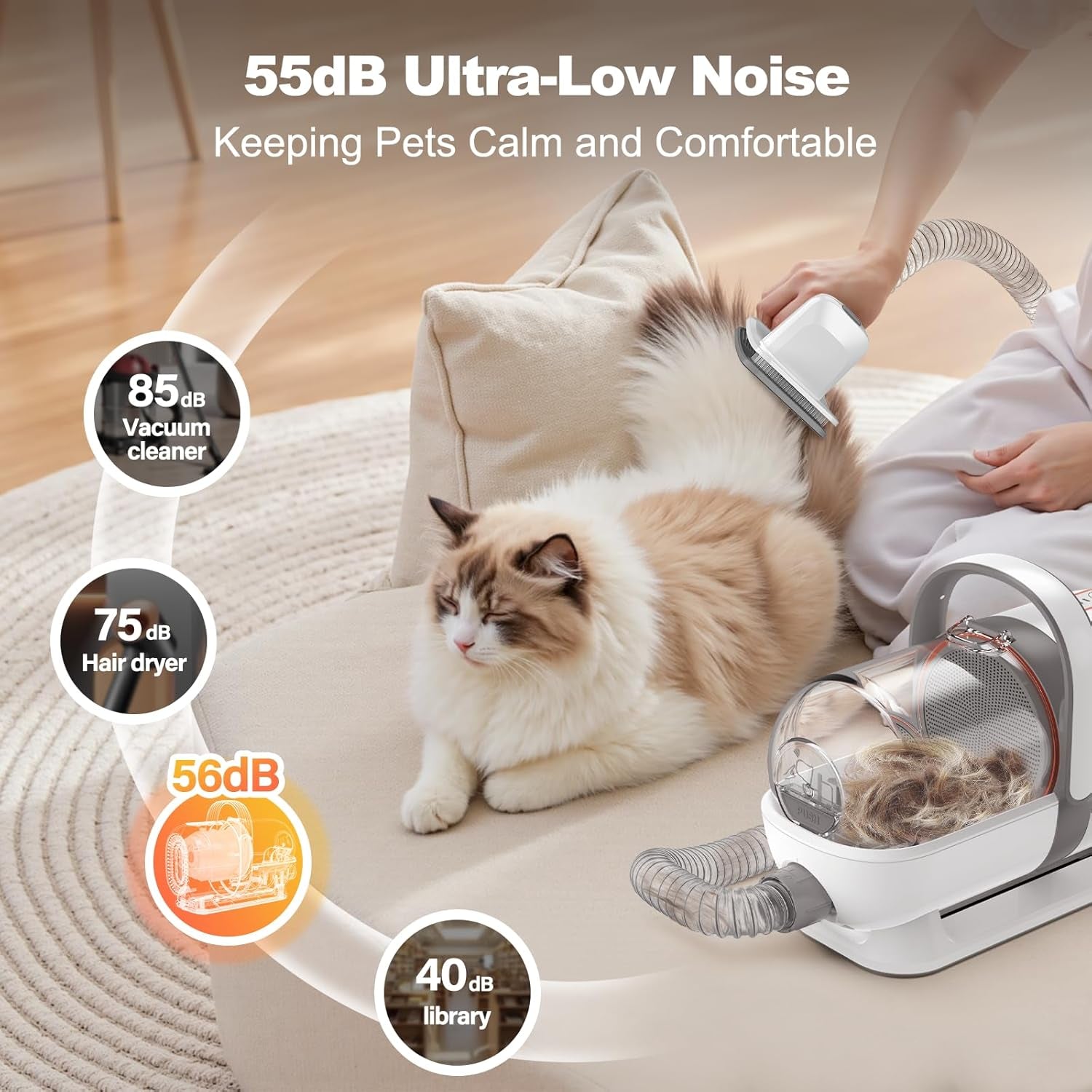 Afloia 6-In-1 Dog Grooming Kit, Pet Grooming Vacuum for Shedding, Dog Hair Vacuum with Clipper Nail Trimmer Grinder, Pet Brush Groomer at Home, Low Noise Cats Hair Remover, 1.5L Dust Cup, White