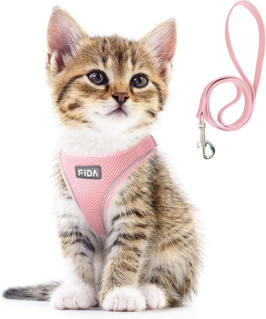 Fida Cat Harness and Leash Set for Walking Kitten and Puppy, Escape Proof Kitten Harness with Breathable Lightweight Soft Mesh, Adjustable Reflective Step-In Design. (XXXS, Pink)
