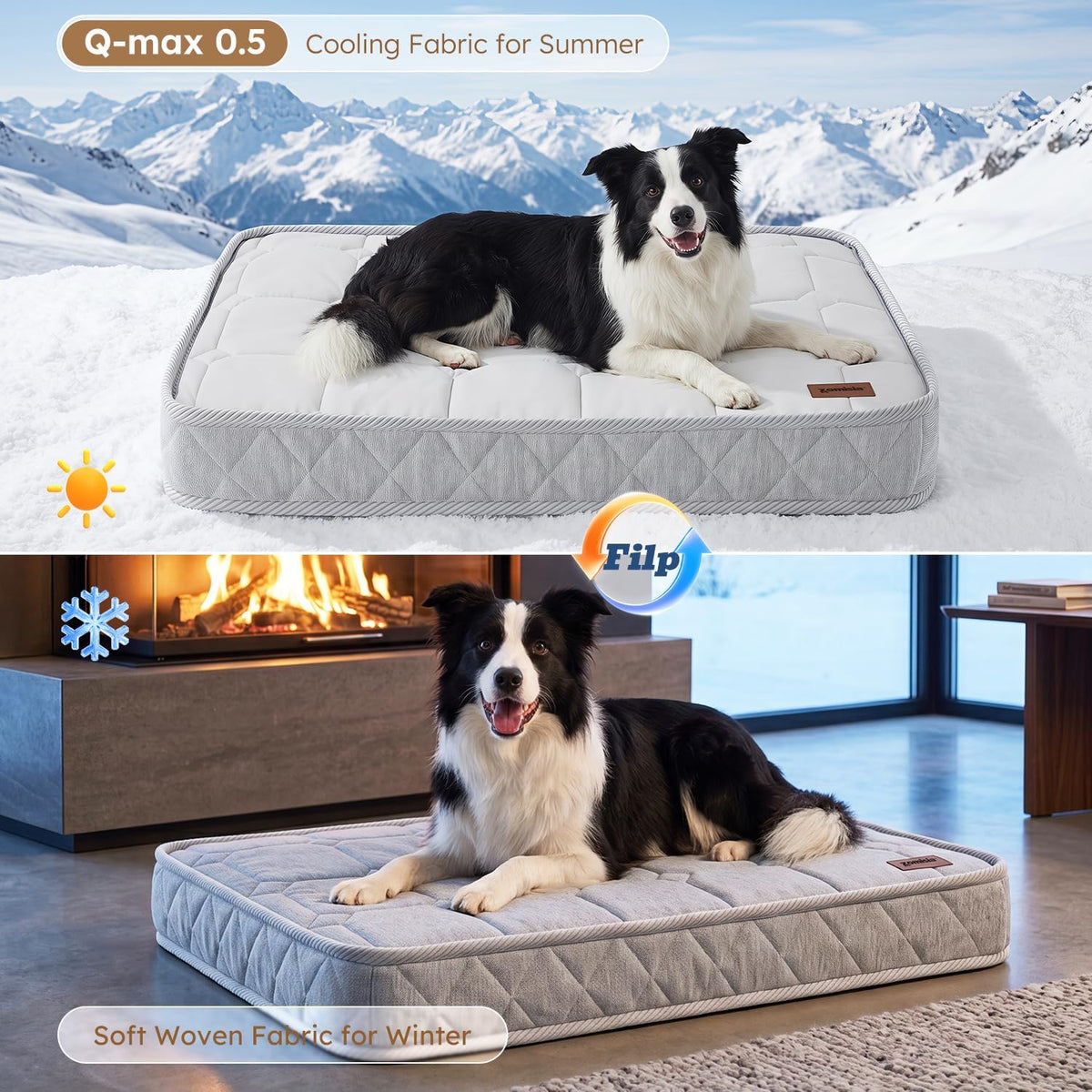 ZOMISIA Q-Max 0.5 Orthopedic Cooling Dog Bed for Crate, Reversible Warm & Cooling Dog Mattress for All Season 3" Thick Egg Crate Foam Pet Bed with Detachable Non-Slip Bottom, Waterproof Cover