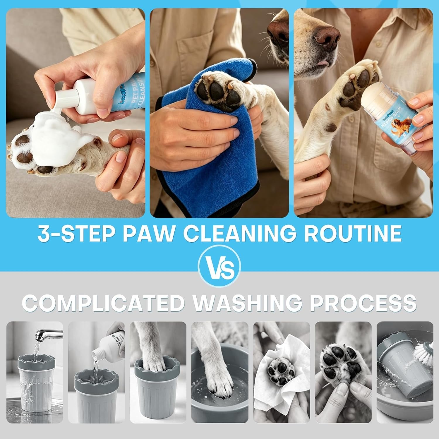 Dog Paw Cleaner Kit with Paw Balm for Dogs, Waterless Foot Cleaner for Muddy Paws, Dirt Removal, Moisturizing Care for Dry Cracked Pads, Includes Towel and 3 Soft Silicone Brushes