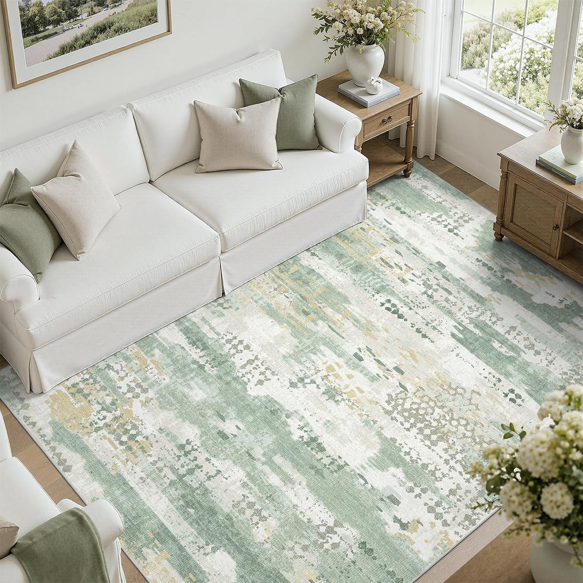 DCX 5X7 Area Rug Living Room: Washable Abstract Indoor Carpet Sage Green