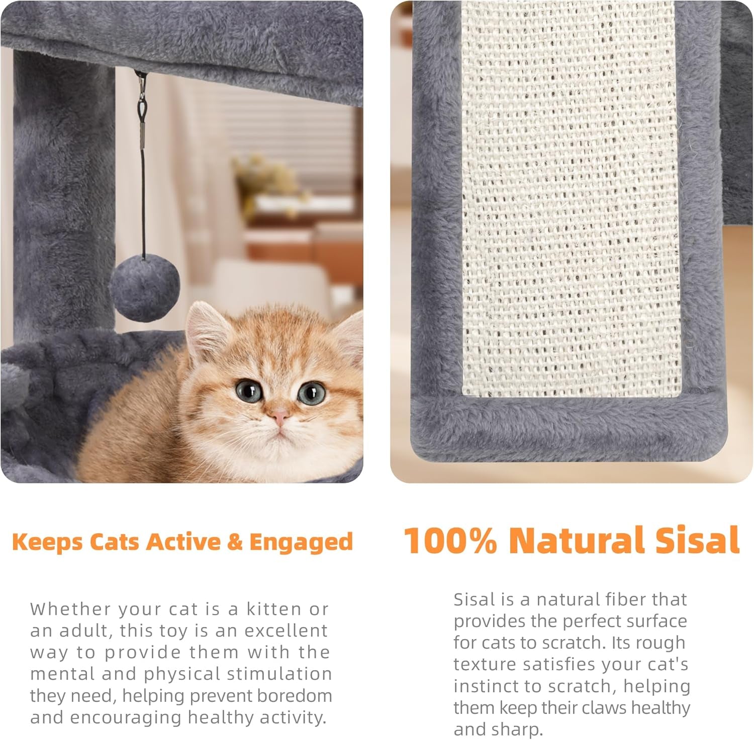 YOUPET Cat Tree with Cat Scratching Post for Indoor Cats, Cat Tower with Scratching Board and Playful Toy Balls, Cat Tree Tower with Cozy Hammock,Grey