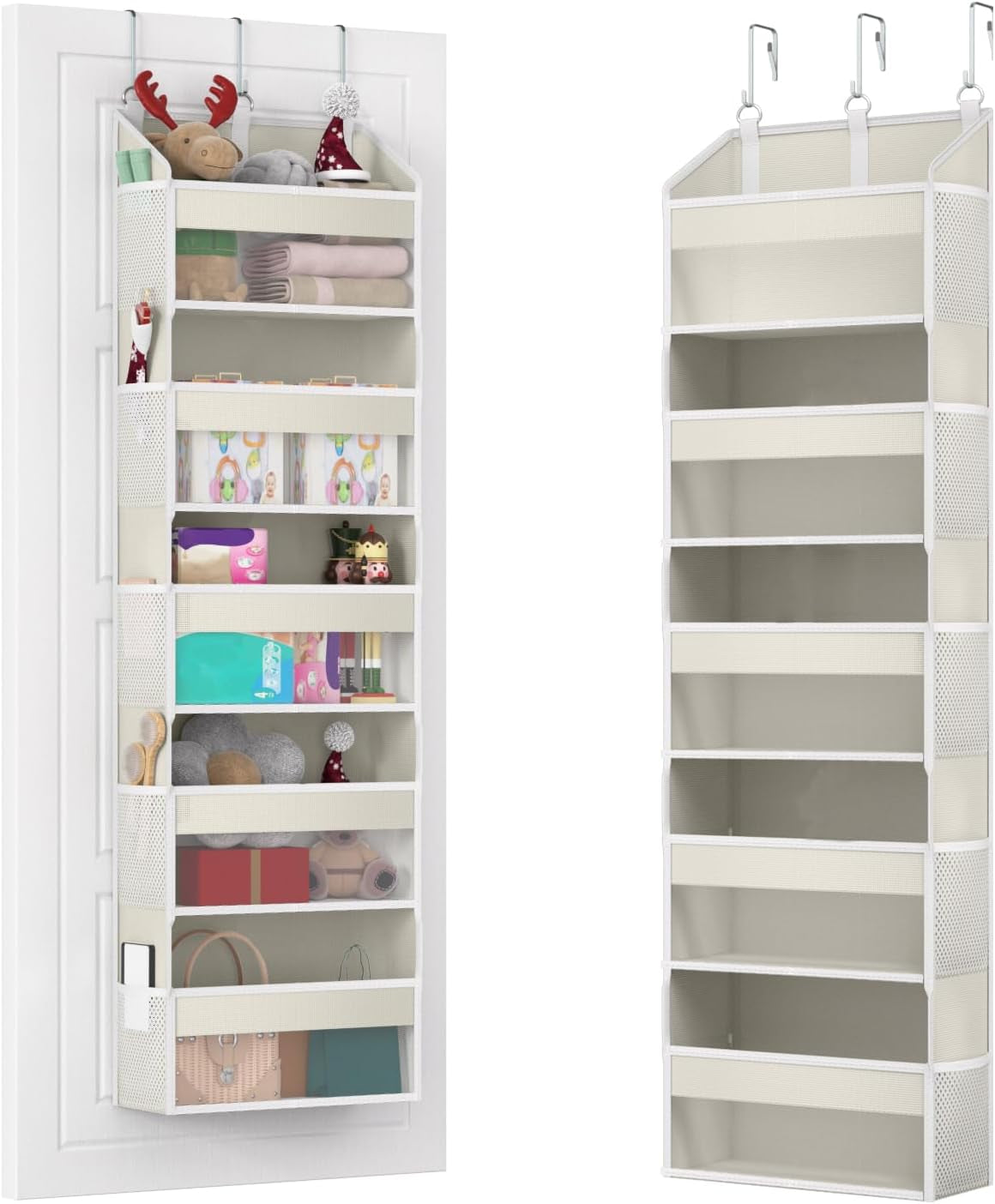 Over the Door Organizer over the Door Shoe Organizer with 5 Front & 10 Mesh Side Pockets, Versatile 5 Shelf Hanging Holder 50Lb Capacity Storage with 3 Hook for Closet, Kitchen, Pantry, Beige