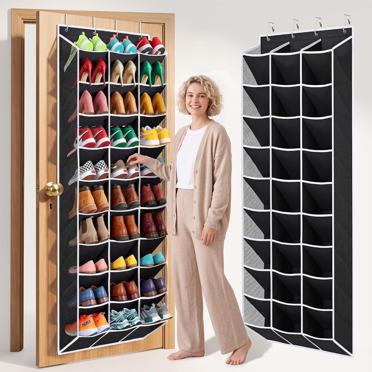 30-60 Pair over Door Shoe Organizer, 26" Extra Wide Shoe Storage Rack Black