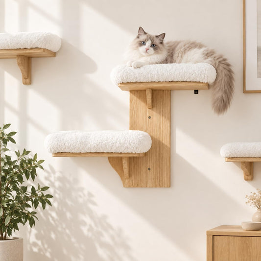 2-Tier Cat Wall Shelves with Bolstered Bed, Solid Wood Wall Mounted Cat Steps and Perch for Single Stud Drywall, Staggered Cat Climbing Shelf Furniture for Large Indoor Cats, 30 Lbs Capacity
