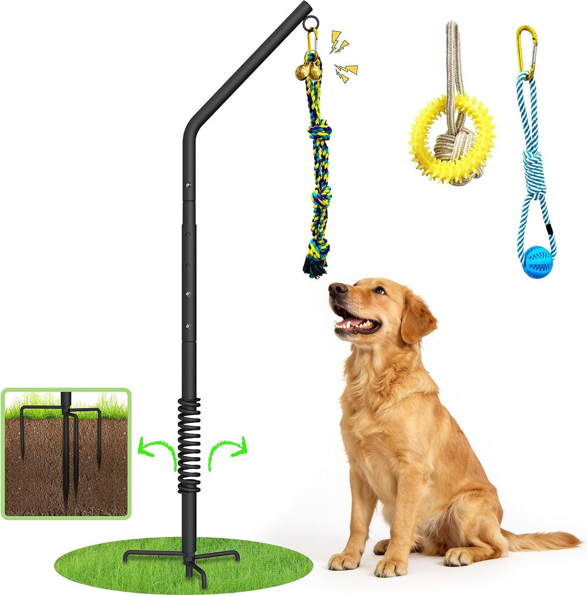 Tether Outdoor Dog Rope Toy with Height Spring Pole, 3 Kinds Dog Tug of War Toys for Self Play and Interactive in Park, Yard, Lawn Rope, Suitable for Energetic Dog(45.6″)