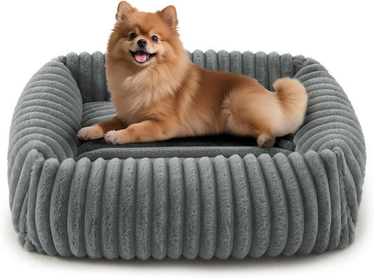 FURTIME Dog Bed for Small Medium Dog, Washable Orthopedic Pet Bed with Removable Cover, Rectangle Soft Calming Sleeping Puppy Bed Durable Pet Cuddler with Anti-Slip Bottom, Grey, M (25"X21"X7")