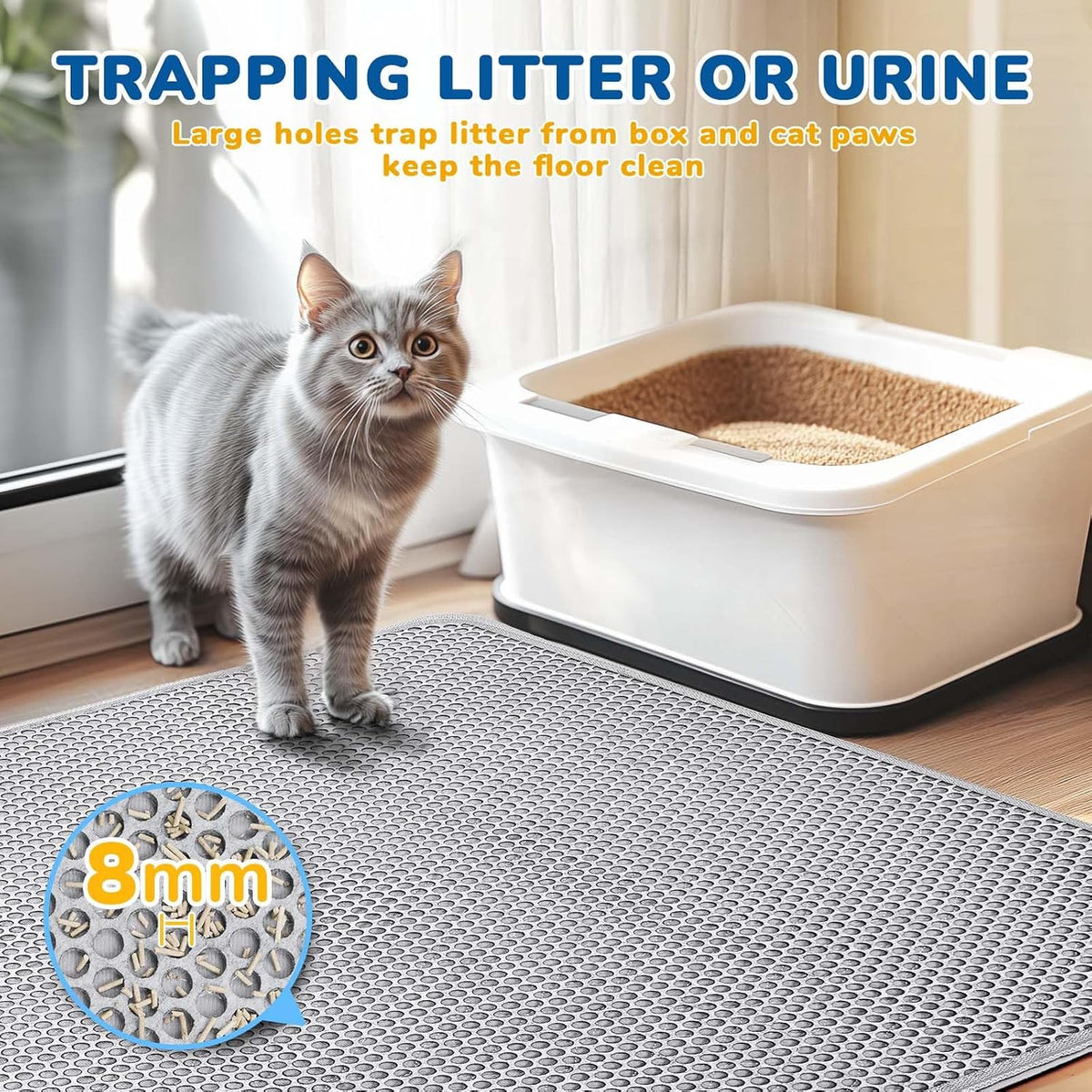 Burgeonnest Cat Litter Mat 47" X 35" XL, Washable Urine-Proof Non-Slip Gray