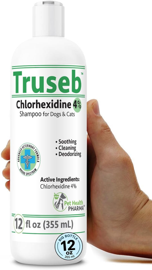 Truseb Topical Chlorhexidine 4% Shampoo for Dogs, Cats & Horses (12 Oz)- with Aloe for Cleansing (Chlorhexidine 4% Shampoo, 12 Oz)