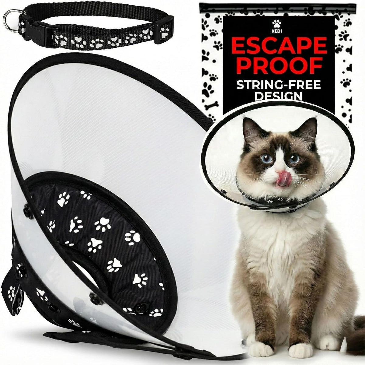 Cat Cone Collar after Surgery to Stop Licking, Escape-Proof, Black Medium