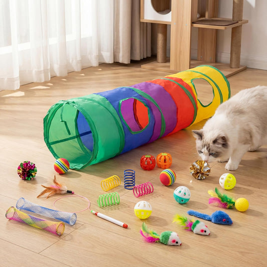 Icagy 25 Pcs Cat Toys Set, Cat Tunnel Toy for Indoor Cats, Kittens