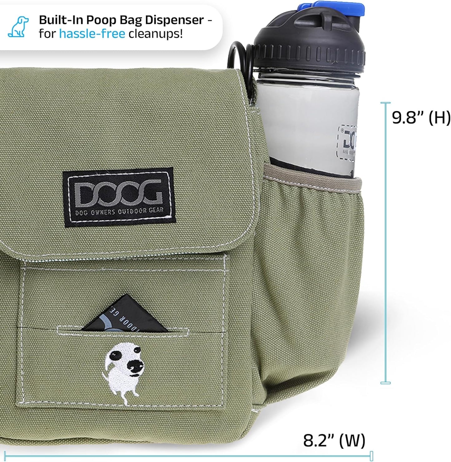 DOOG Walkie Bag - Adjustable Dog Treat Pouch Shoulder Bag with Poo Bag & Water Bottle Compartments - Comfort Fit for Everyday Use - Green