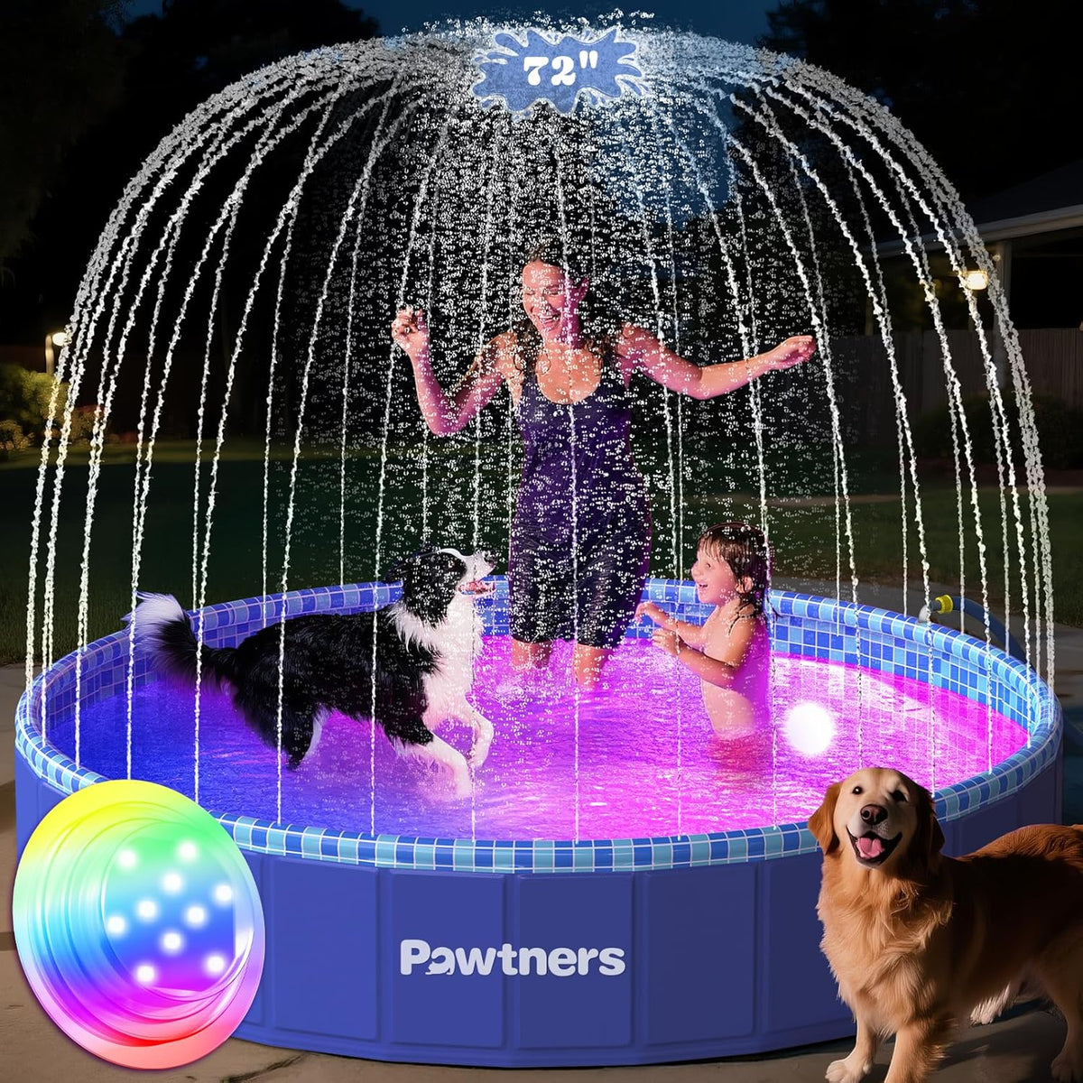 Pawtners Large Foldable Kiddie Pool with Sprinkler & RGB LED Light 72''