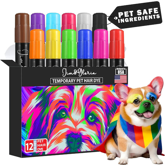 Jim&Gloria Washable Dog Hair Dye Markers, Pet Safe Grooming Kit, Temporary Fur Paint Animal Pens for Small to Large Boy and Girl Puppy Stuff Accessories, Birthday Gifts to Cat Lovers Set of 12 Color