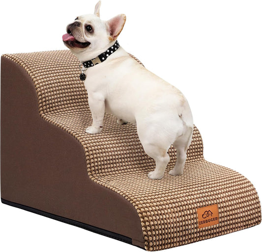 Zerbuger Dog Ramp and Stairs for Bed, Coffee 3 Steps 16" H, Nonslip Cover