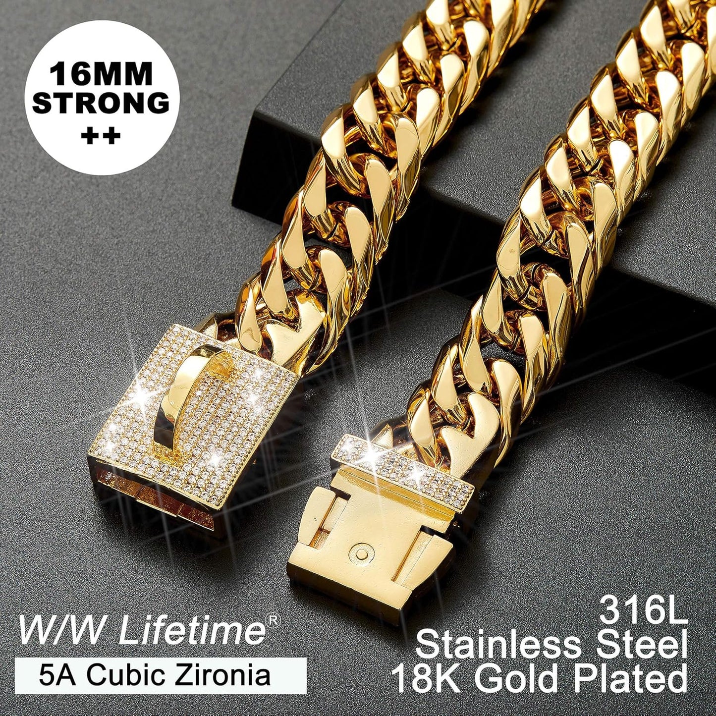Dog Chain Collar Walking Metal Chain Collar with Design Secure Buckle, Gold Cuban Link Strong Heavy Duty Chew Proof for Small Dogs(16Mm, 12")