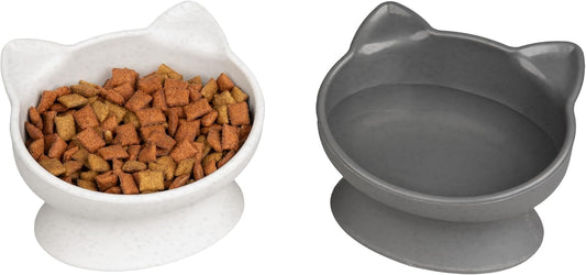 Kitty City Elevated Cat Bowls (Set of 2), Whisker-Friendly Raised Cat Food & Water Dishes, Modern Pedestal Design, Dishwasher Safe, 6.5 Oz Each – White & Gray