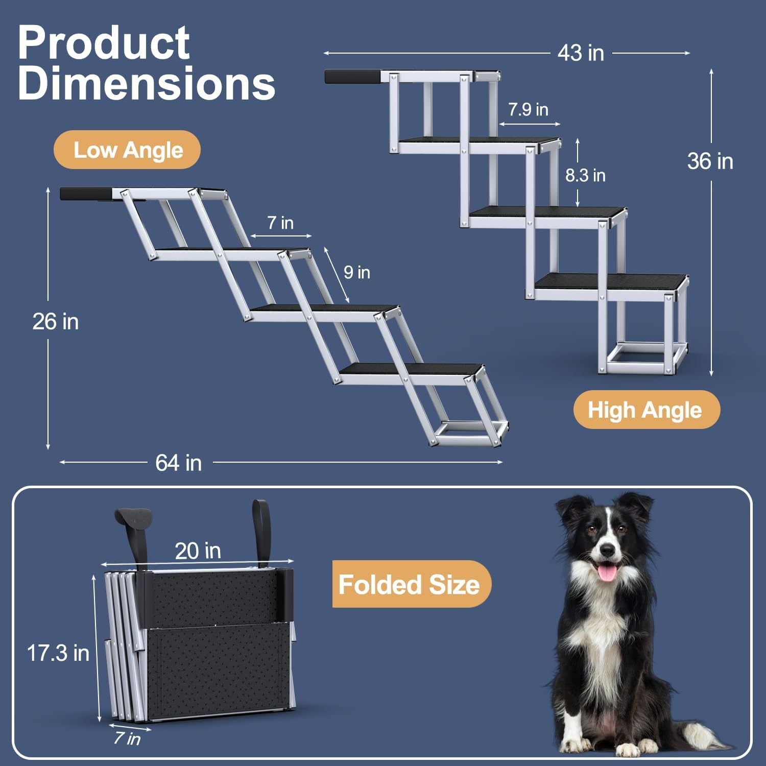 Extra Wide Dog Stairs for Large Dogs, Foldable Dog Ramp for Car with Non-Slip Surface, Dogs Stairs for Cars, High Beds, Truck, Supports up to 250 Lbs, 4 Steps