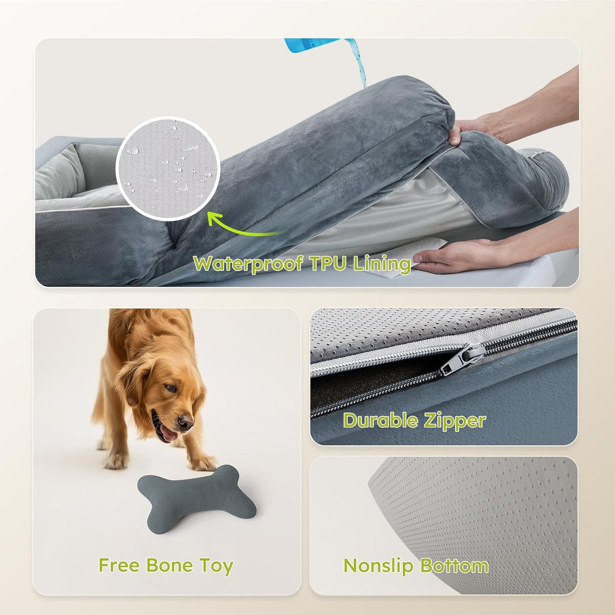 CWAWZ XXL Dog Bed for Extra Large Dogs, Giant Orthopedic Dog Beds with Cooling Gel Memory Foam, Waterproof Pet Bed with Removable Washable Cover, 53" Pet Sofa Bed Velvet with Bone Toy, Dark Gray