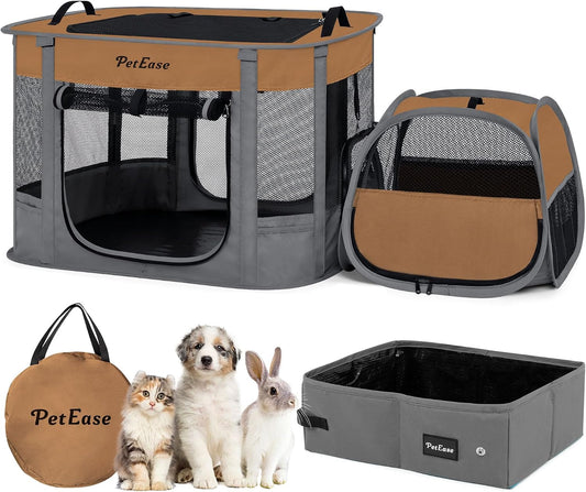 Portable Cat Playpen with Litter Box, Cat Enclosure for Camping, Cat Recovery Playpen after Surgery, Foldable Indoor Outdoor Pet Tent for Cats Rabbits Puppies (Brown)
