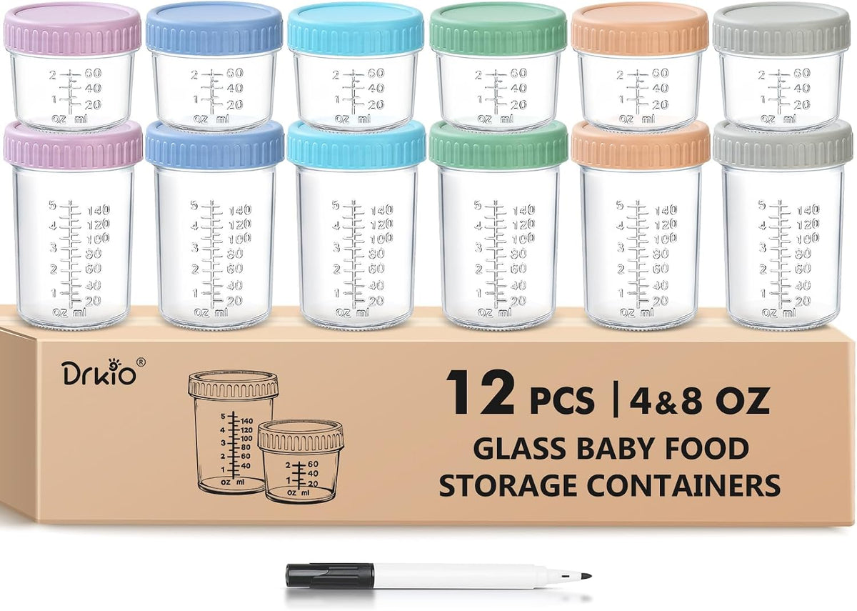 DRKIO 12 Pcs Baby Food Storage Containers 4&8 Oz Small Glass Jars with Lids