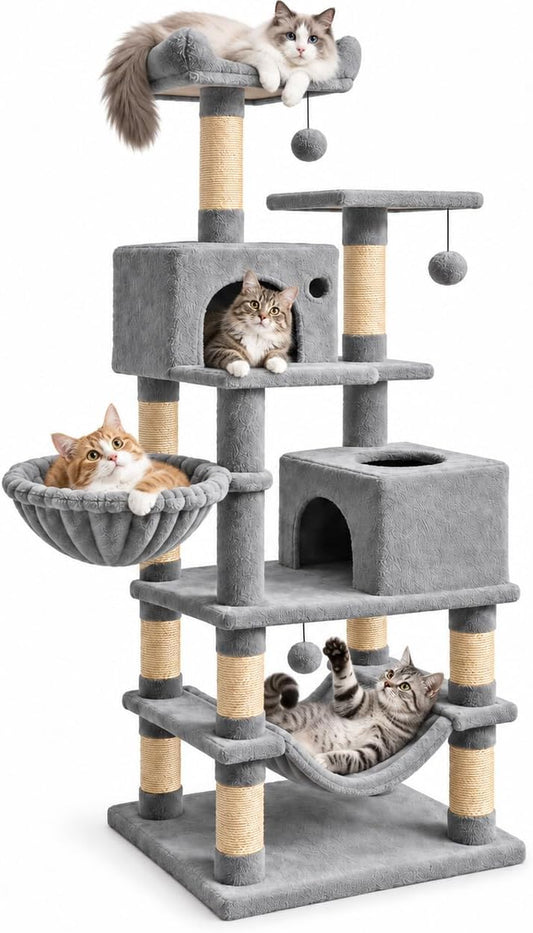 66" Tall Cat Tower, Multi-Level Cat Tree for Indoor Cats, Light Gray