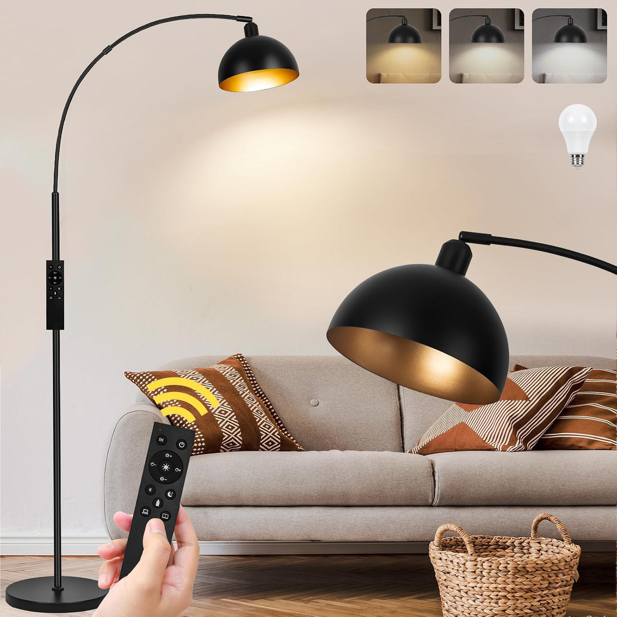 【Upgraded】Black Arc Floor Lamps for Living Room - Dimmable Arched Floor Lamp with Remote Control & 2700-6000K 9W LED Bulb Included, Modern Arch Standing Lamp, Industrial Tall Lamp for Bedroom Reading