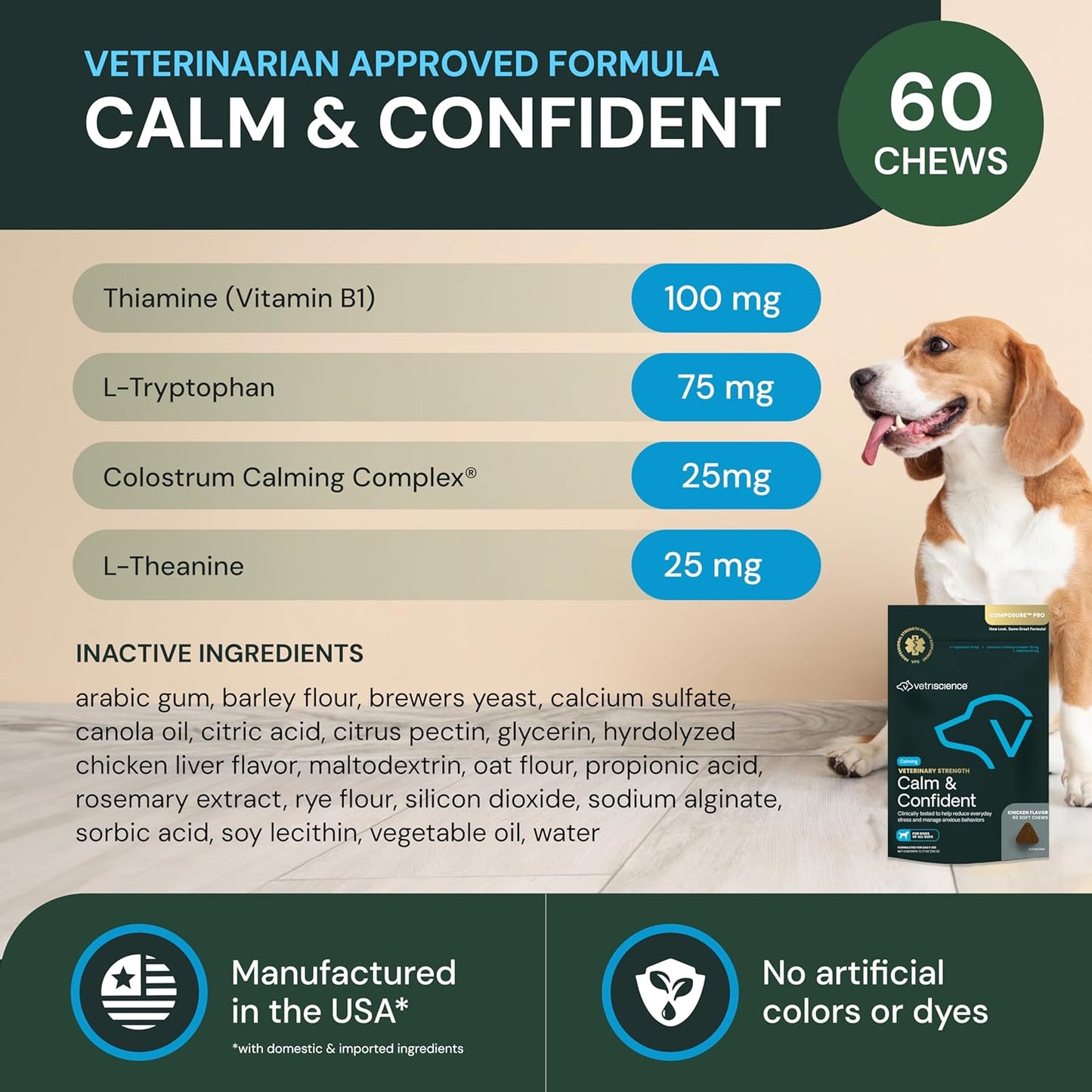 Vetriscience Veterinary Strength Calm & Confident Chews - Stress Supplement for Pets - Supports Brain Function for Cats & Dogs - with L-Theanine, Thiamine & More - 60 Count