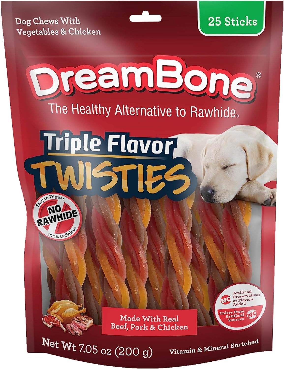 Dreambone Triple Flavor Twisties Chews for Dogs, Treat Your Dog to Easy-To-Digest Rawhide-Free Chews Made with Real Beef, Pork & Chicken, 25 Count