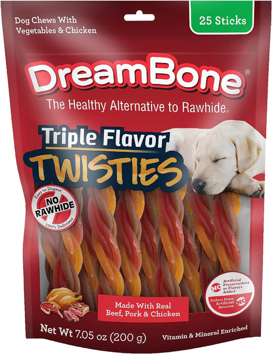 Dreambone Triple Flavor Twisties Chews for Dogs, Treat Your Dog to Easy-To-Digest Rawhide-Free Chews Made with Real Beef, Pork & Chicken, 25 Count