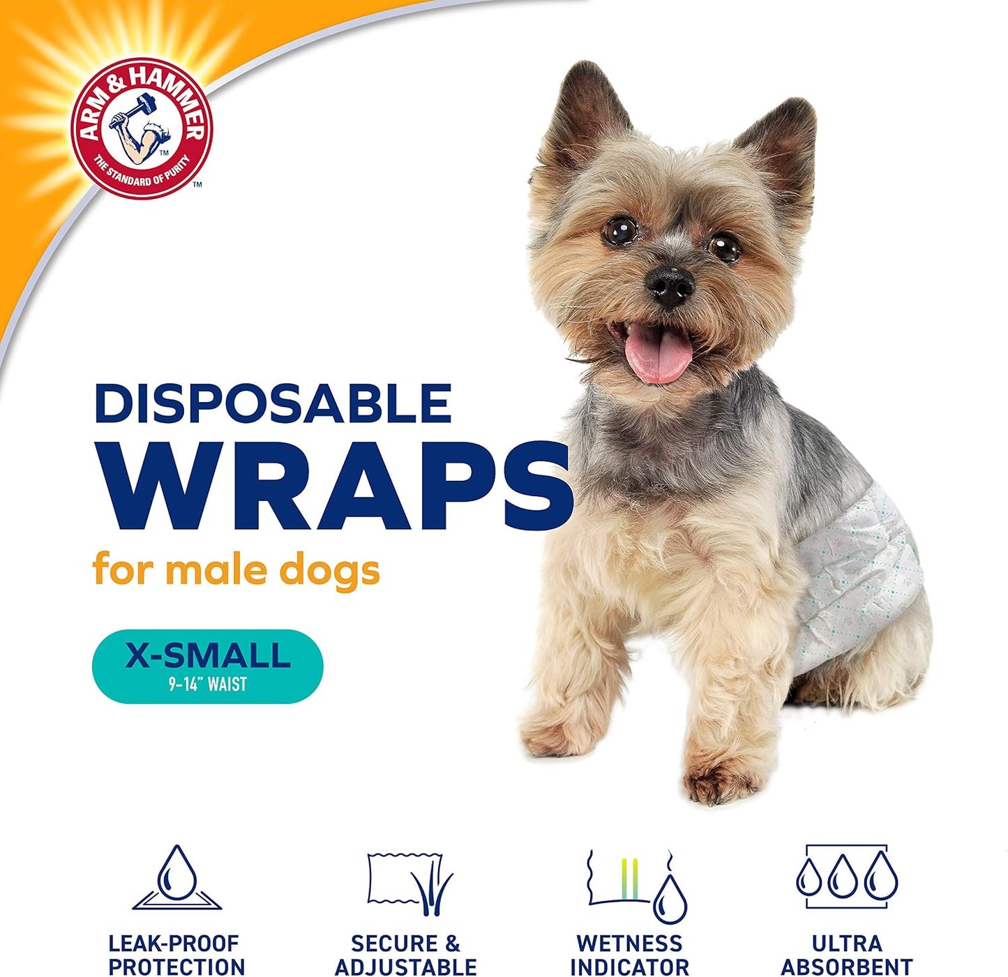 Arm & Hammer X-Small Male Dog Wraps, Disposable Belly Band Diapers with Baking Soda Odor Control, Super Absorbent Leak Resistant Design for Marking and Incontinence, 9-14 Inch Waist, 12 Count