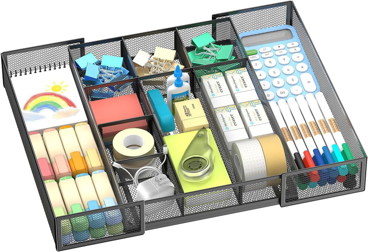Expandable Desk Drawer Organizer, 10 Adjustable Compartments, Black