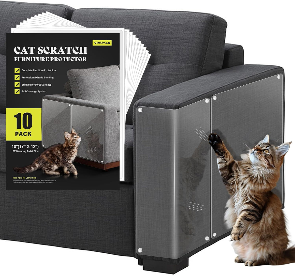 Anti Cat Scratch Furniture Protector, 10-Pack Couch Protector from Cat Claws for Sofa Corners, Walls & Doors – Heavy-Duty, Easy-To-Apply Shields with 50 Twist Pins(Clear