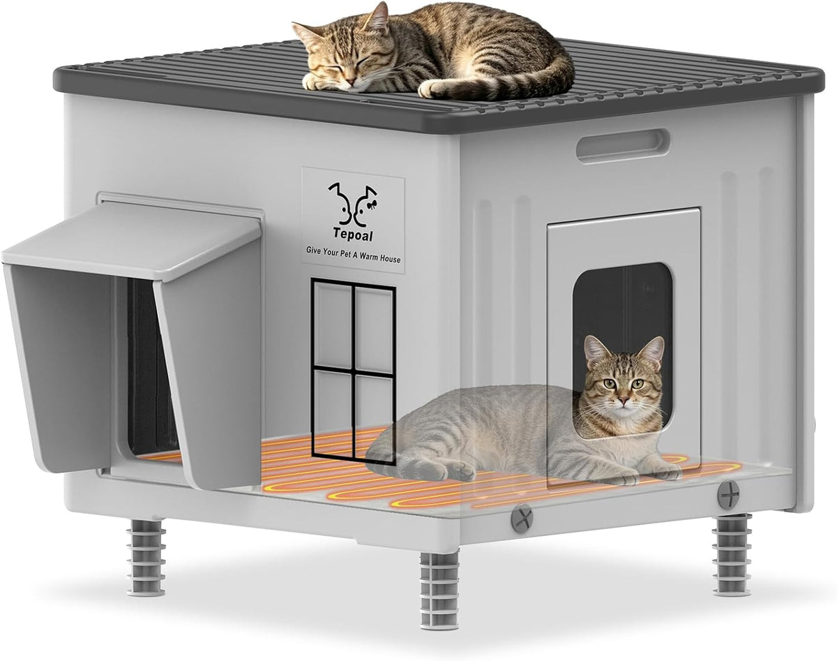 Indestructible Heated Cat House for Outdoor Cats in Winter, 100% Waterproof & Weatherproof Heated Cat House for Outside, Fully Insulated Feral Cat Shelter for Outdoor Barn Strays, 17.7 X 17 X 17.5 In