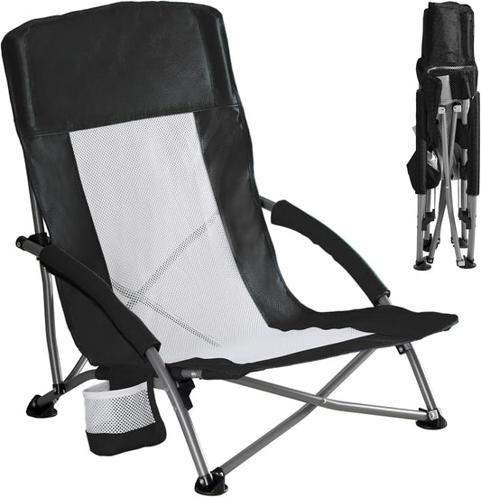 DUMOS Folding Camping Chairs, Low Profile Beach Chair, Black