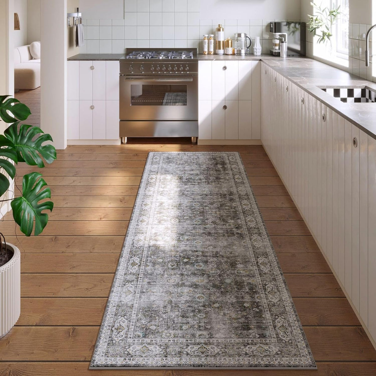 Runner Rug Hallway Runner Rug Washable Kitchen Runner Rugs with Rubber Backing 2'6''X8' 100% Polyester Vintage Rug for Entryway Indoor, Kitchen, Laundry, Bedroom (Grey and Brown)