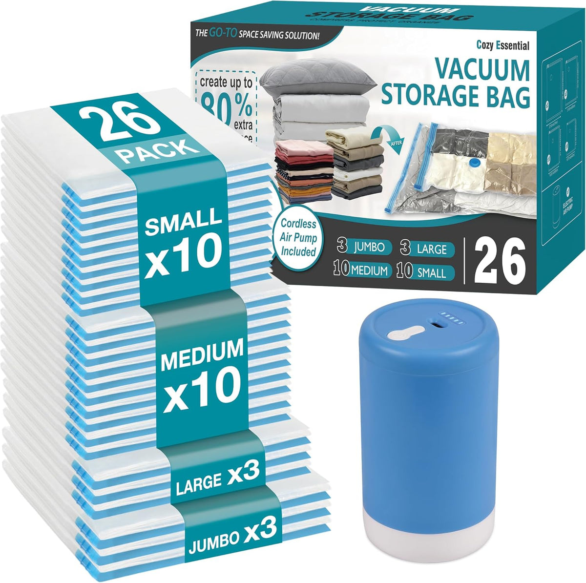 Travel Vacuum Storage Bags with Rechargeable Cordless USB Pump, 26 Combo