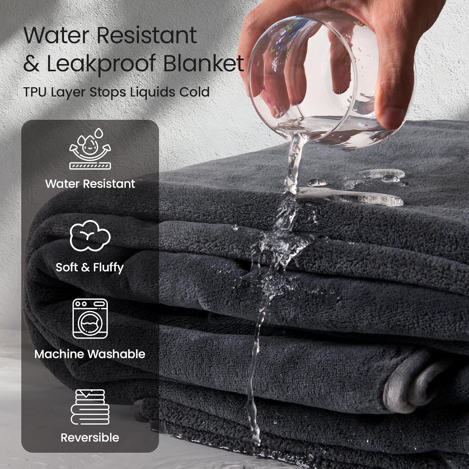 LOOBANI Waterproof Throw Blanket for Couch: Reversible Leakproof Couch Blanket 40" X 60", Soft Flannel & Coral Fleece Bed Blanket Stain-Proof for Sofa Cover, Pet Accidents, Travel, Grey