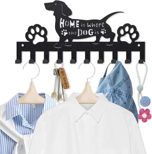 MAYJOYDIY Dachshund Metal Key Hook Wall Mounted Dog Paw Print Text Coat Rack 9.8×4.7Inch 10 Hooks Pet Animal Puppy Black Wall Art Decor Dog Leashes Key Holder for Gift Coats Hats Towels Bags