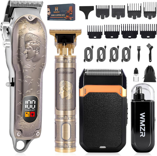 Professional Hair Clipper Set, Men'S Hair Clipper, T-Shaped Sideburn Trimmer, Electric Shaver,Nose Hair Trimmer,Beauty Salon Kit for Hair Cutting and Shaving. (Gold)