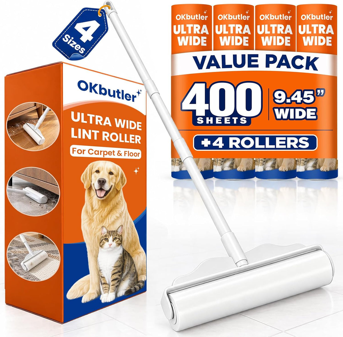 9.45” Large Lint Roller for Pet Hair, Long Handle, 400 Sheets