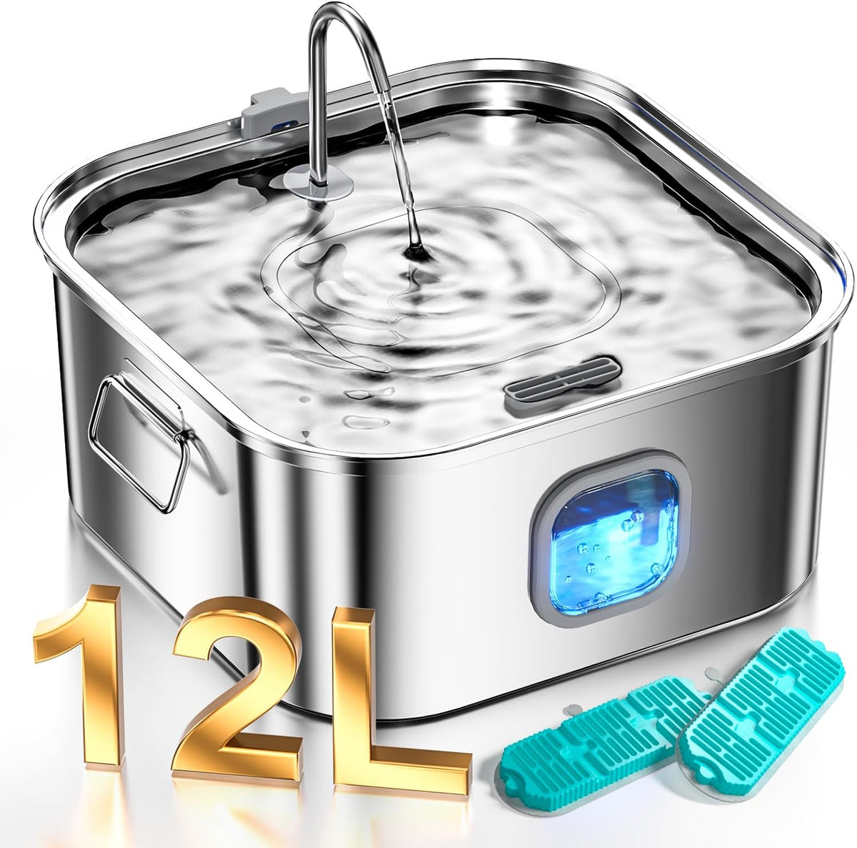 Dog Water Fountain Stainless Steel, 410Oz/3.2Gal/12L Large Pet Water Fountain for Large Dog, Dog Water Bowl Dispenser with Water Level Window & LED Indicator, Super Quiet, with 2Pcs Filters