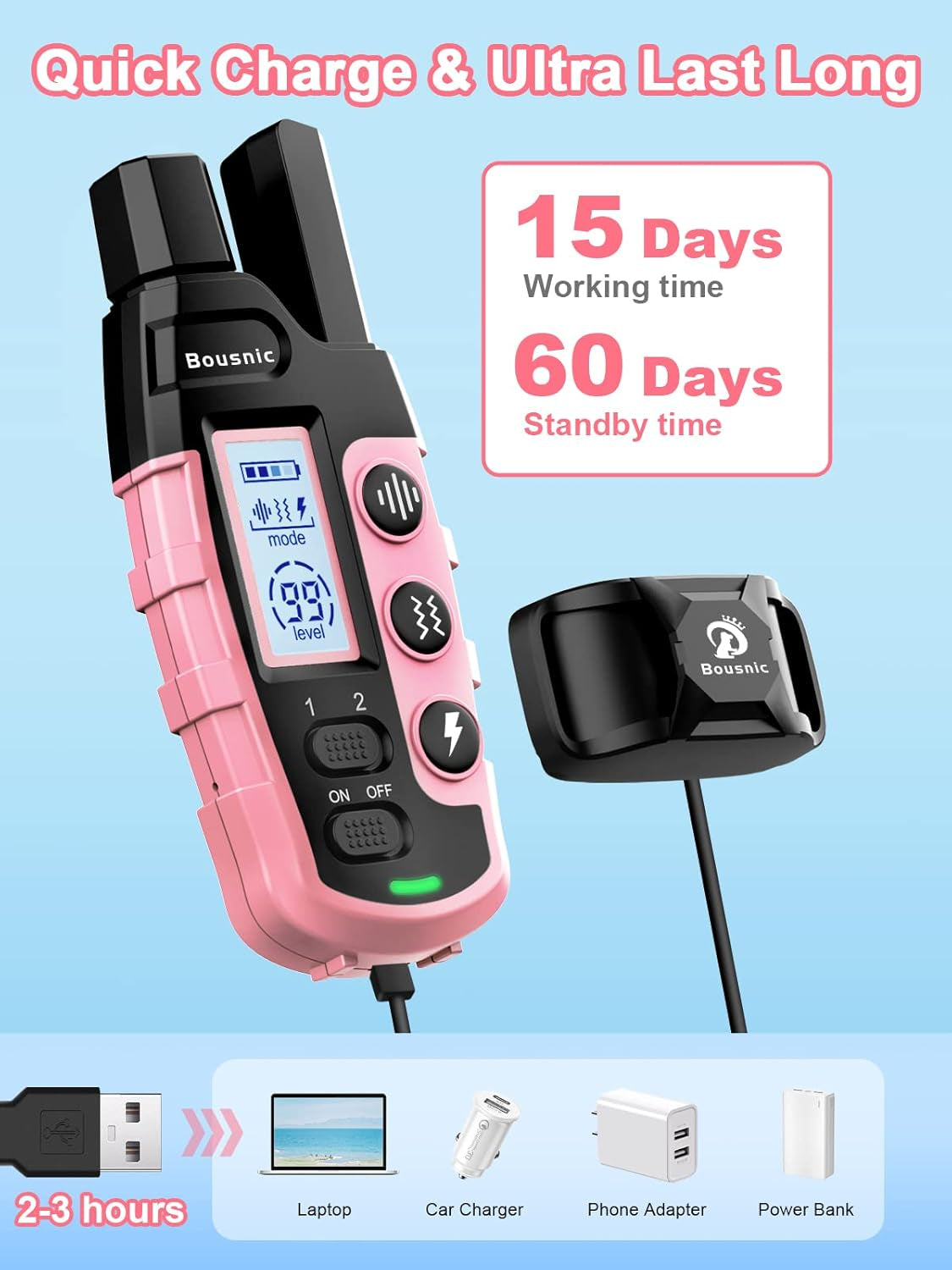 Bousnic Dog Shock Collar 2 Dogs (5-120Lbs) - 3300 Ft Waterproof Training Collar for Dogs Large Medium Small with Rechargeable Remote, Beep (1-8) Vibration (1-16) and Humane Shock (1-99) Modes